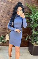 Молодежное базовое модное платье гольф рубчик двойное горло 42/46 синий (джинсовый)