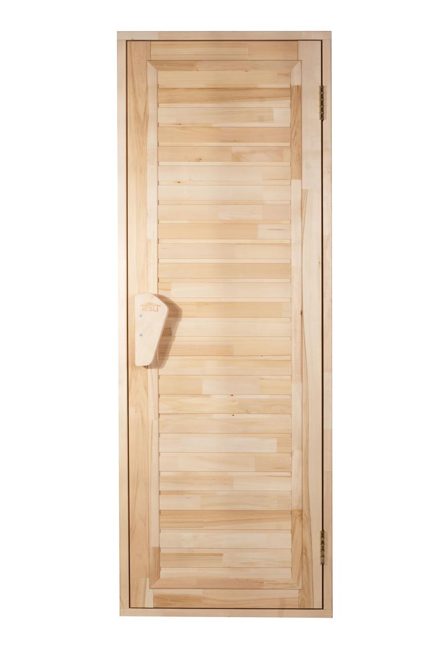 Дерев'яні двері для лазні та сауни Tesli Глуха Зебра 700х1900 мм універсальна з липи з порогом