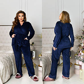 Жіночий велюровий домашній синій комплект із штанів та кофти великі розміри