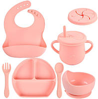 Набор детской силиконовой посуды Y12 тарелка, слюнявчик, тарелка для супа, ложка, вилка, поильник(n-10051)