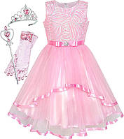6 Pink Set Sunny Fashion Flower Girls Dress Blue Belted Wedding Party Bridesmaid Size 4-12