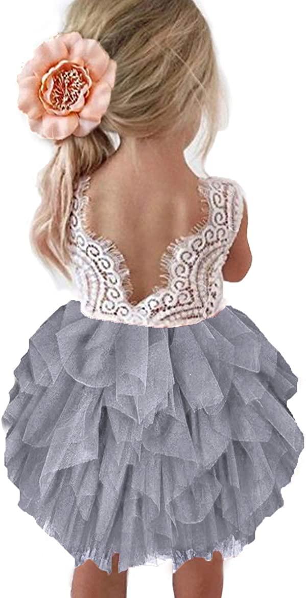 1T Gray Топмейкерська сукня для дівчаток-квіткарів з прямим вирізом і мереживною спинкою