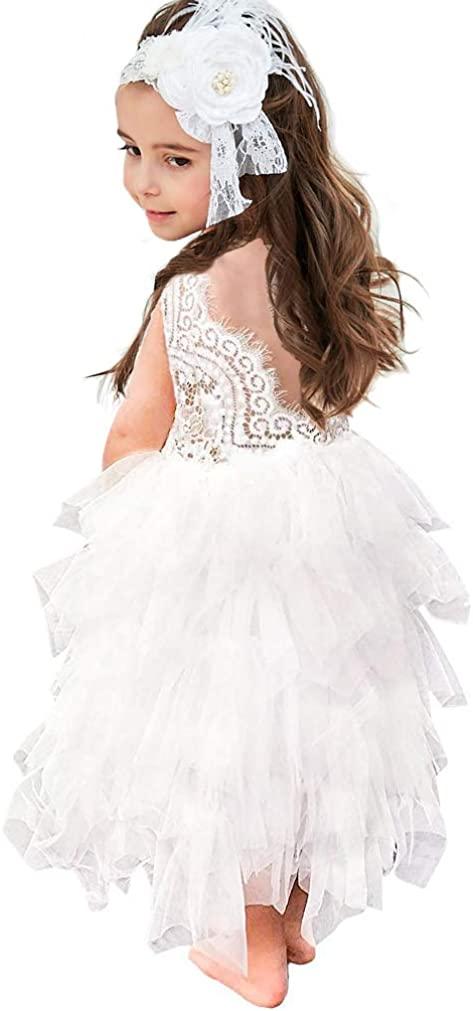 2T Non-beaded-long-white Топмейкерська сукня для дівчаток-квіткарів з прямим вирізом і мереживною спинкою
