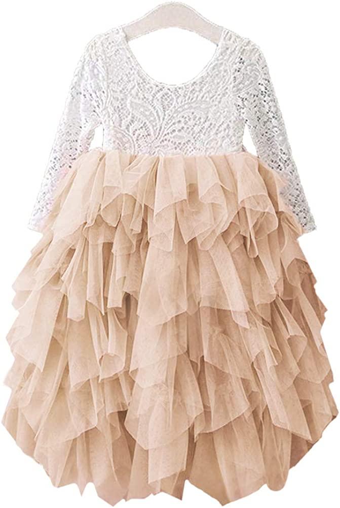 2T Non-beaded-sleeve-champagne Топмейкерська сукня для дівчаток-квіткарів з прямим вирізом і мереживною спинкою