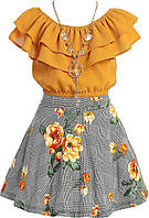 14 Mango Укороченный топ с открытыми плечами, многослойный топ с рюшами, юбка для девочки в цветочек,