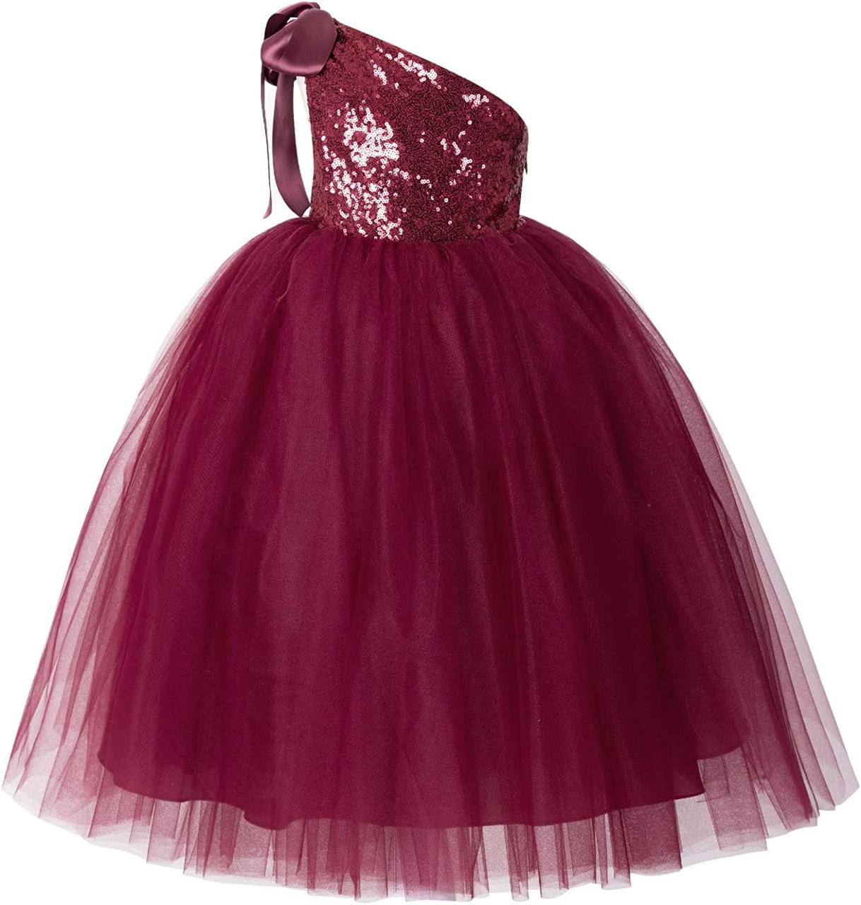 Burgundy Medium ekidsbridal Пачка з пайетками на одне плече Сукня для дівчаток-квітчанок Корсетна сукня Весільні сукні для