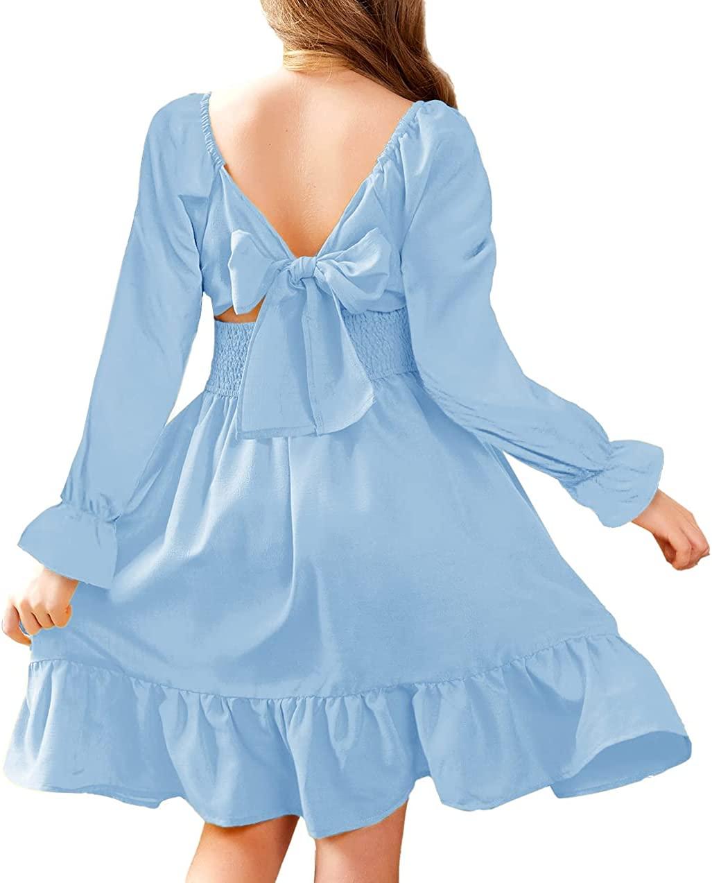 10-11 Years Ls-clear Blue Повсякденні елегантні сукні Arshiner для дівчаток із зав’язкою, короткими рукавами та рюшами, відкритими