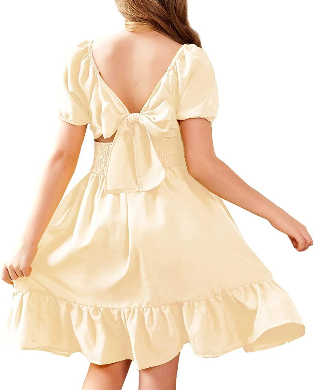 4-5T Pastel Peach Повсякденні елегантні сукні Arshiner для дівчаток із зав’язкою, короткими рукавами та рюшами, відкритими
