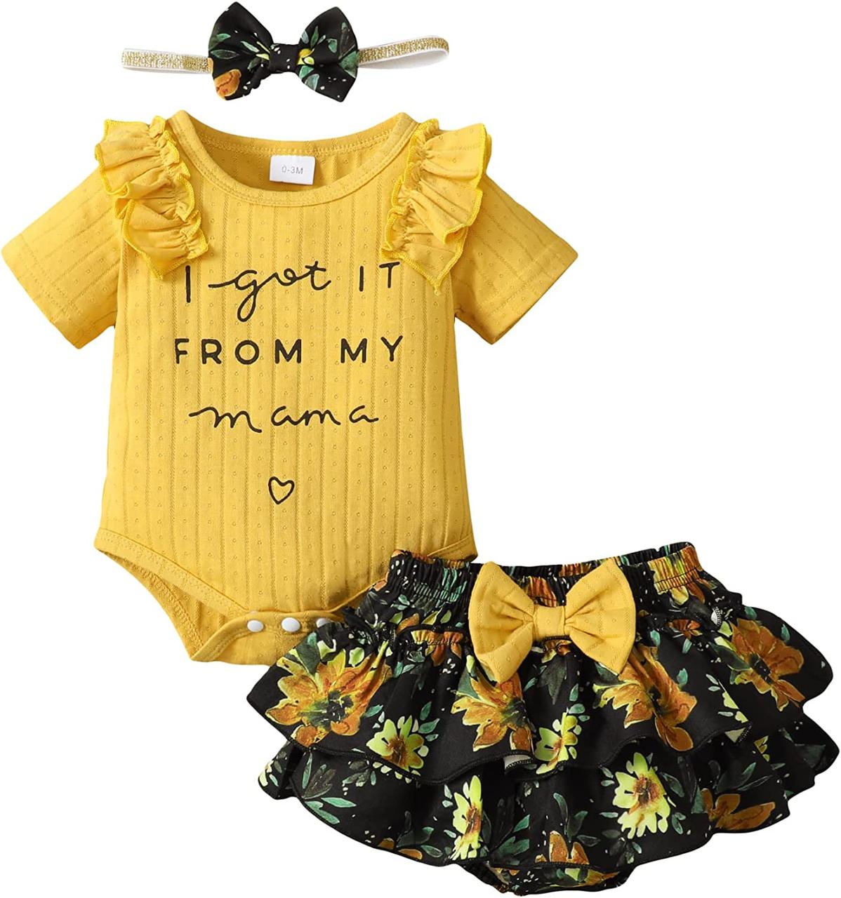 Mioglrie Одяг для новонароджених дівчаток, комплект із квітковими мотивами, Mustard 0-3 Months