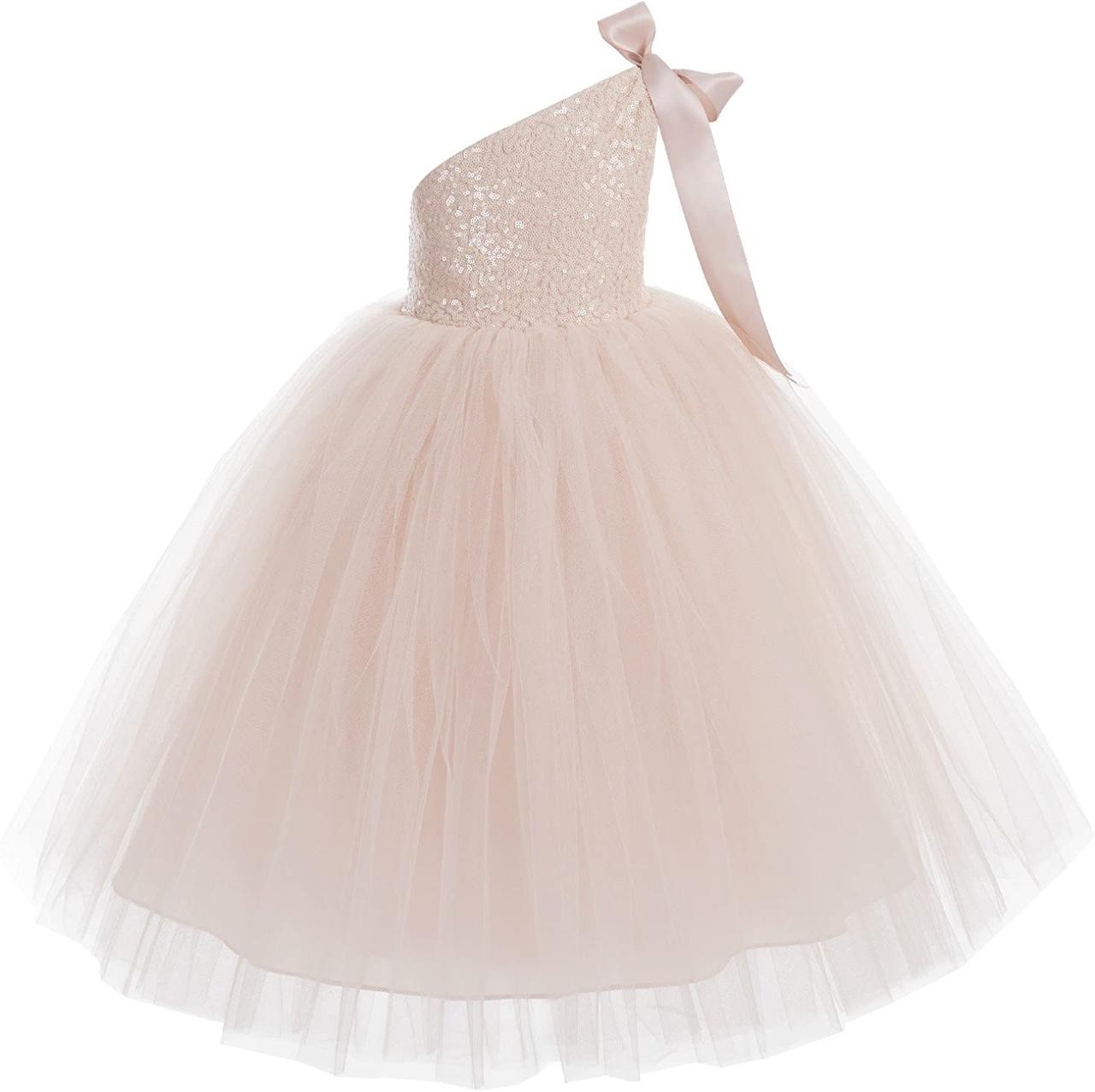 Ekidsbridal Пишна сукня з паєтками на одне плече для дівчинки Сукня-корсет, ніжно-рожева