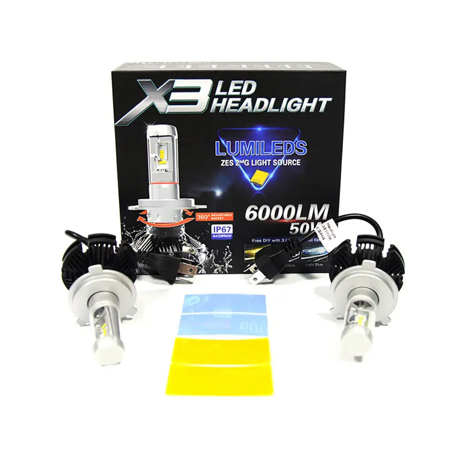 Світлодіодні LED лед лампи AllLight X3 цоколь H4 50W, світло 6000К з радіатором та світлофільтром