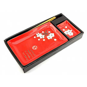 Сервіз для суші "Біла сакура на червоному тлі" (28х14 см)