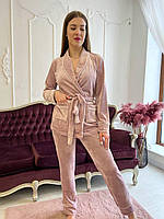 Велюровая женская пижама шаль цвет пудра комплект бархатный домашняя одежда