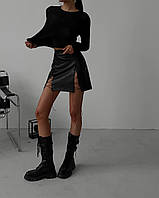 Жіноча чорна мініспідниця з матової екошкіри, на шнурівці, з розрізом, розмір 42-44, 44-46 M-L, 44/46