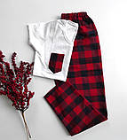 Піжама жіноча 3 в 1 байкова тепла зимова трійка фланелева картата червона футболка сорочка штани, фото 5
