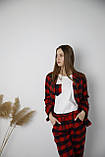 Піжама жіноча 3 в 1 байкова тепла зимова трійка фланелева картата червона футболка сорочка штани, фото 2