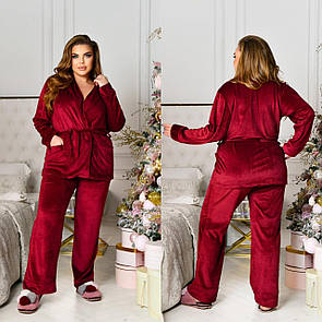 Жіночий велюровий домашній бордовий комплект із штанів та кофти великі розміри
