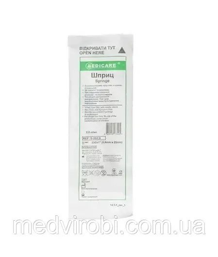 Шприц 2 мл Medicare, ін'єкційний одноразового застосування, 3-компонентний з голкою
