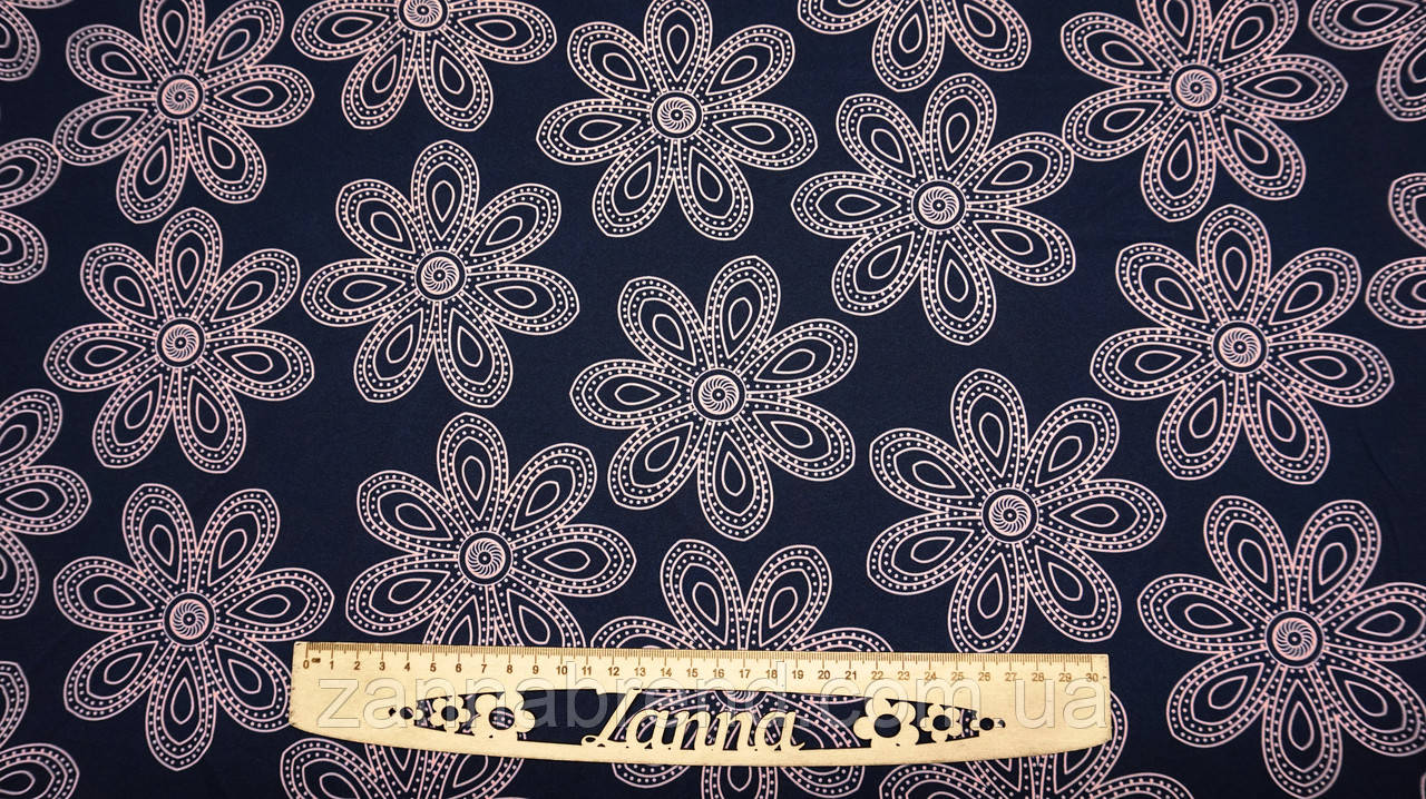Тканина креп-костюмка колір темно-синій "Графічні квіти" (персикові), фото 1