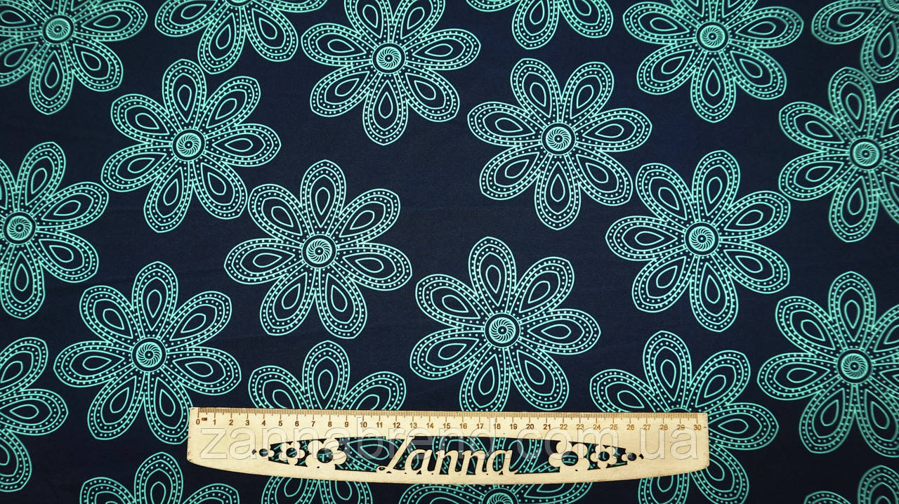 Тканина креп-костюмка колір темно-синій "Графічні квіти" (бірюзові), фото 1