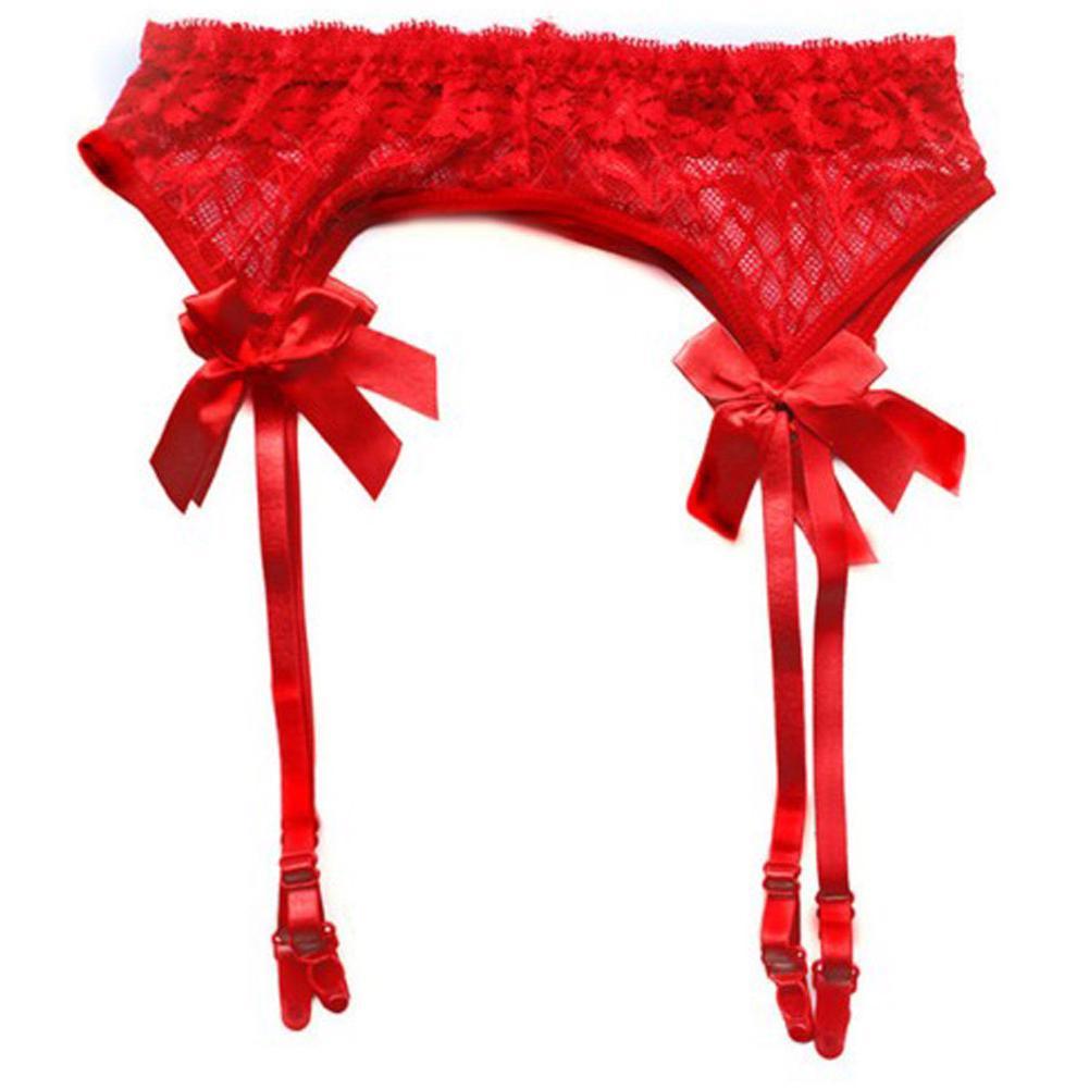 Мереживний пояс для панчох червоного кольору з бантиками, фото 1