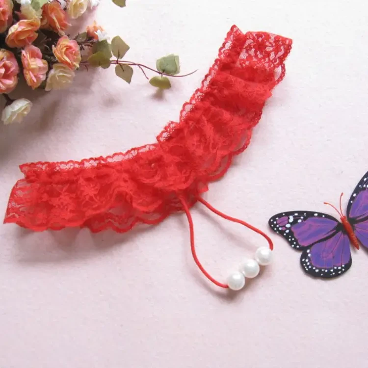 Червоні трусики стрінги з оголеною промежиною з перлами, фото 1