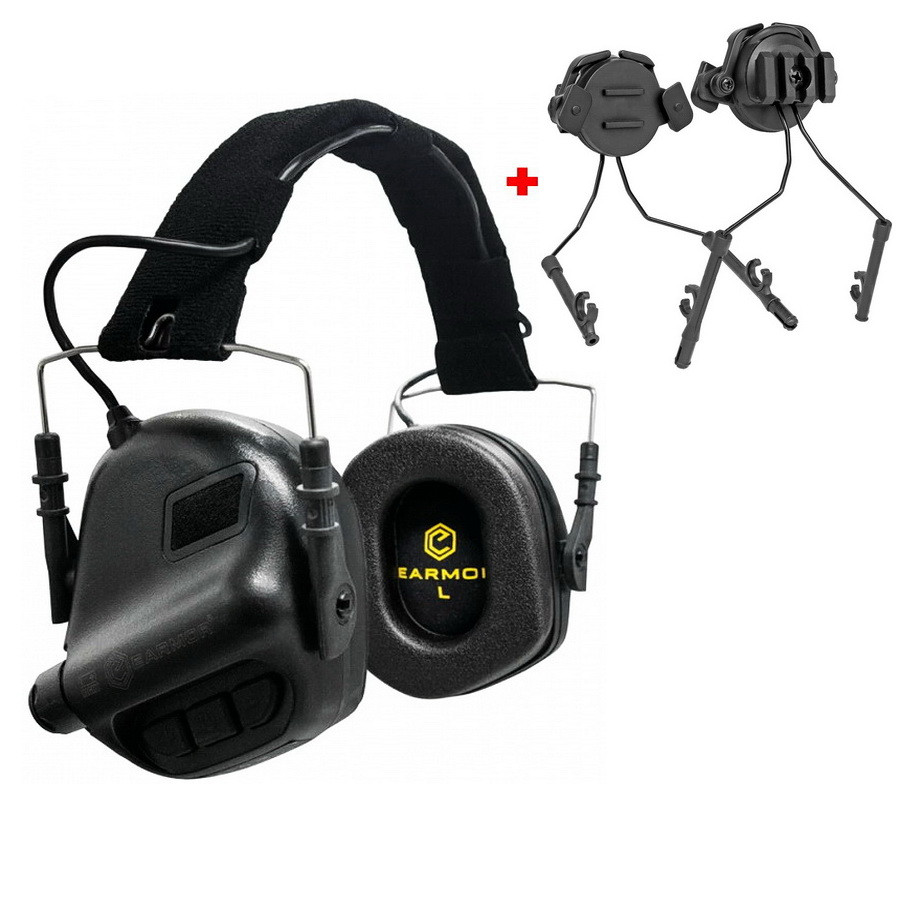 Активні навушники для стрільби Earmor M31 Чорні + Кріплення на каску шолом із планкою Пікатінні