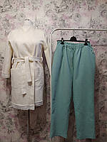 Женский вафельный домашний комплект двойка молочный халат с кружевом штаны мятный костюм пижама 42