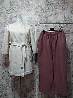 Женский вафельный домашний комплект двойка молочный халат с кружевом штаны сливовый костюм пижама 42
