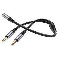 Кабель переходник dual mini jack 3,5 mm на выходы наушников c микрофон Hoco 2in1 audio adapter. Grey