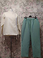 Женский вафельный домашний комплект двойка пиджак-кимоно молочный штаны мятный костюм пижама 42