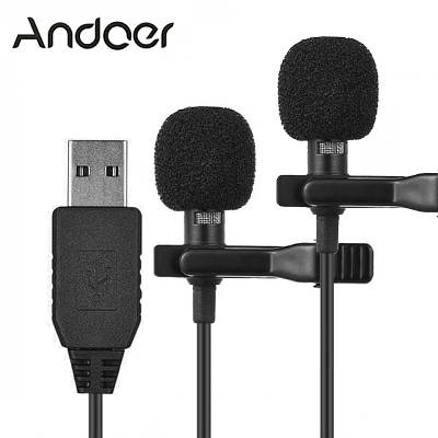 Подвійний петличний мікрофон Andoer EY-510D USB, 6 метрів, петличка для ноутбука, компютера, ПК