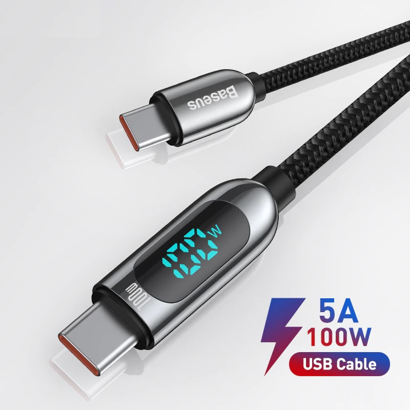 Кабель Baseus LED Display Fast Charging Type-C to Type-C 100W 100 cм (CATSK-B01) Black, фото 1