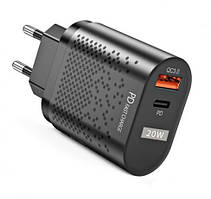 Мережевий зарядний пристрій QC3.0/PD3.0 20W 1xUSB + Type-C швидка зарядка смартфона BK-384