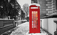 Флизелиновые черно-белые фотообои снег Красная телефонная будка в городе Лондон (10249V)+клей