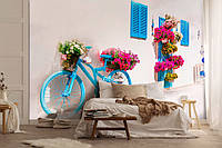 Флизелиновые фотообои 3D Синий велосипед с цветами на белой греческой улице (14202V)+клей