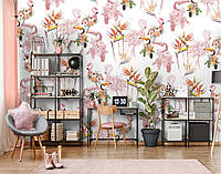 Флизелиновые фотообои для кухни 312x219 см Природа Растения Птицы Фламинго и Туканы (14170VEXXL)+клей