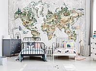 Флізелінові фотошпалери в інтер'єрі 254x184 см Акварельна карта світу з тваринами для дітей (14421V4)+клей