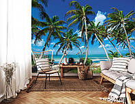 Фото шпалери дерево 254x184 см 3Д Тропічний морський пляж з пальмами (14179P4)+клей
