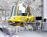 Флізелінові фотошпалери цеглинками 416x290 см Жовта машина та 3Д стіна (14436VEXXXXL)+клей