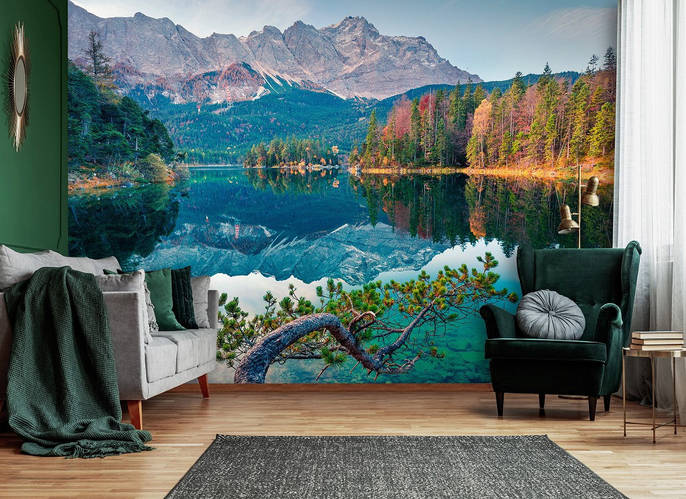 Купить Готовые 3D фотообои 254x184 см Отражение гор и неба в озере ...