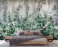 Флизелиновые фотообои в спальню над кроватью 416x290 см Зеленые листья на бетонной стене (14515VEXXXXL)+клей