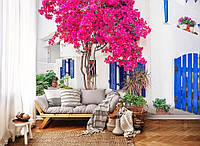 Фотообои в зал 254x184 см 3D Дерево с цветами на белой греческой улице (14201P4)+клей