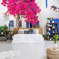 Комната с фотообоями город 368x254 см 3D Дерево с цветами на белой греческой улице (14201P8)+клей