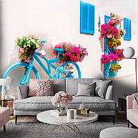 Фотообои пейзажи 368x254 см 3D Синий велосипед с цветами на белой греческой улице (14202P8)+клей