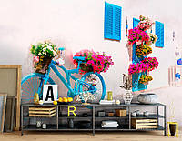 Красивые пейзажи флизелиновые фотообои 416x254 см 3D Синий велосипед с цветами на белой улице