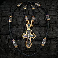 Позолоченный крестик на кожаном шнурке с православными вставками