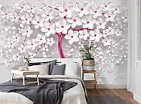 Флизелиновые фотообои в интерьере 312x219 см 3D Розовое дерево с белыми цветами (14233VEXXL)+клей