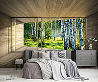 Флизелиновые фотообои красивые 368x254 см 3D Терраса Окно Березовый Лес Природа (14239V8)+клей