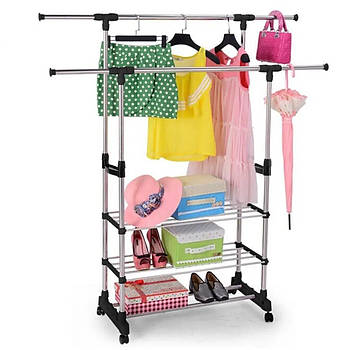 Підлогова телескопічна подвійна стійка вішалка для одягу та полицями взуття на коліщатках регульована